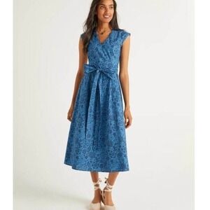 Boden Women Tori Midi Dress 8R Blue Paisley Picnic Aegean Festival Faux Wrap